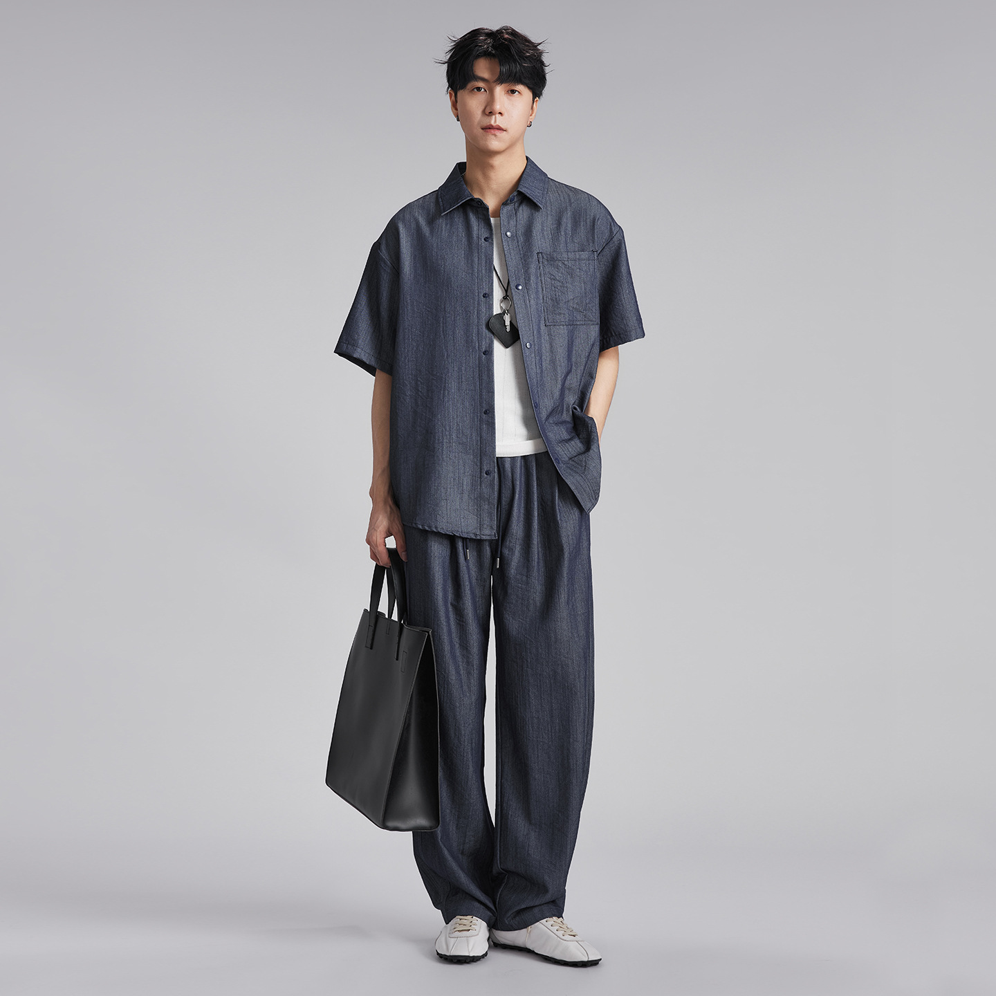 輕熟仿牛仔襯衫套裝