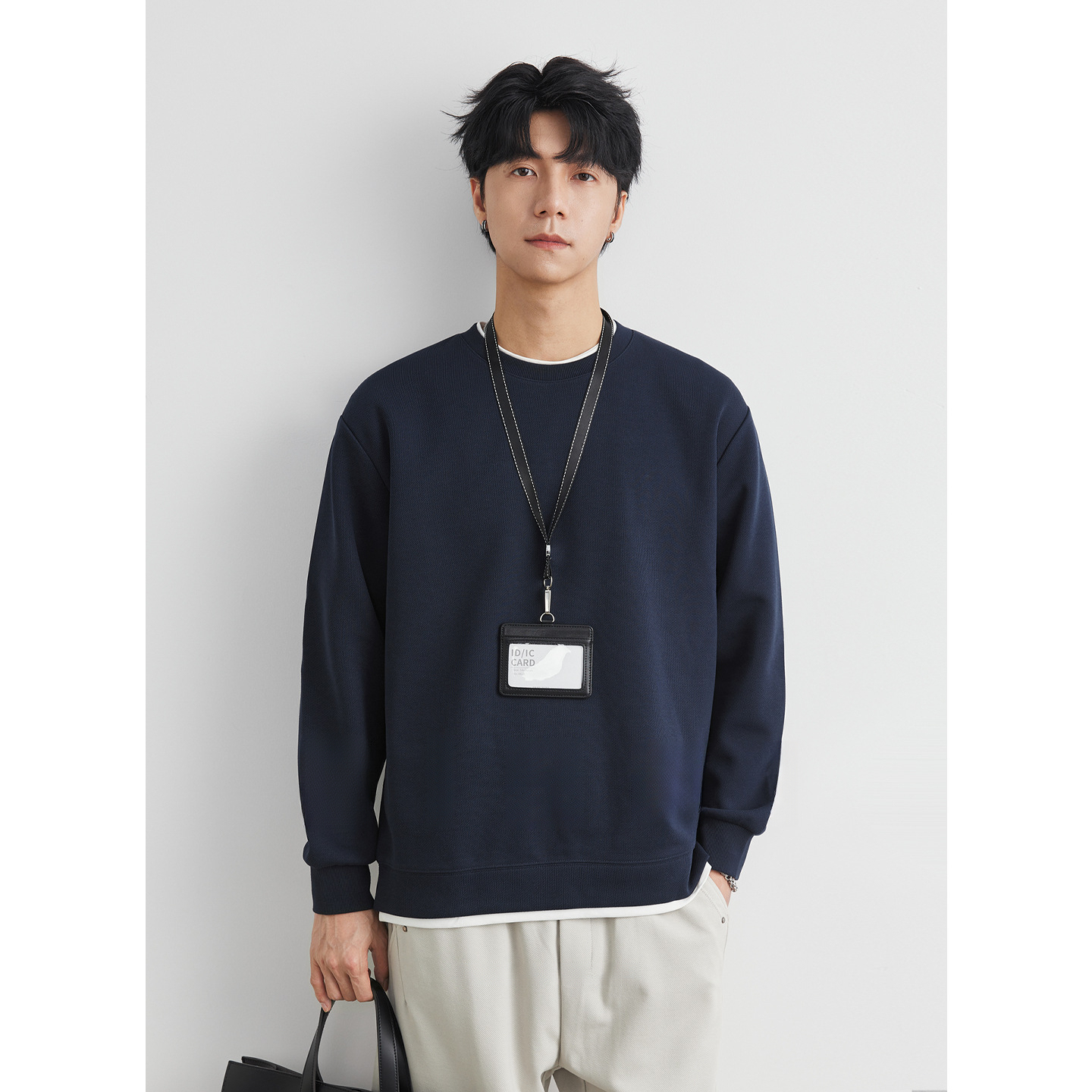 男士春秋310G重磅假兩件圓領衛衣