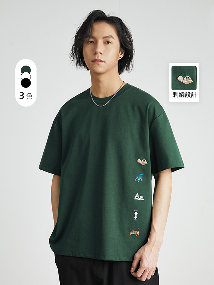 男夏美式刺繡圓領短袖T恤