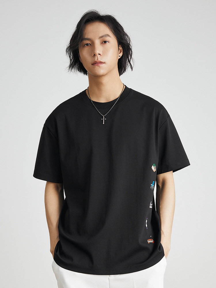 男夏美式刺繡圓領短袖T恤