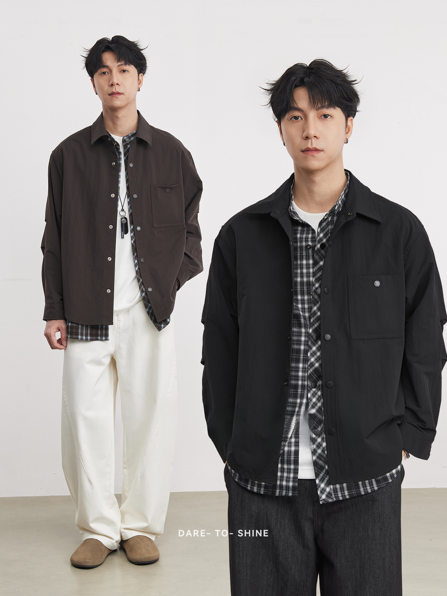 春秋鹿皮絨撞燈芯領復古啞光假兩件襯衫夾克