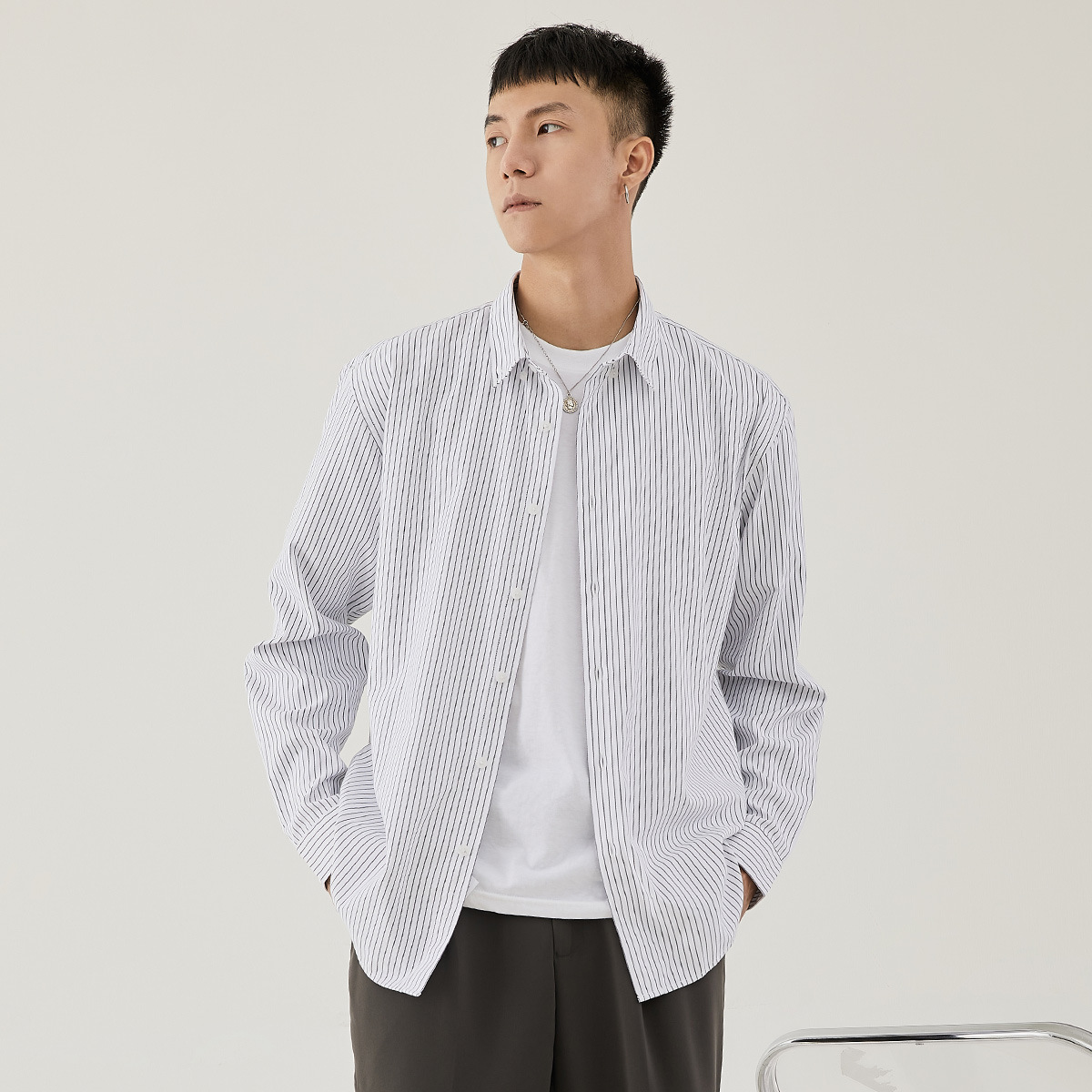 男士春秋商務款翻領條紋長袖襯衫