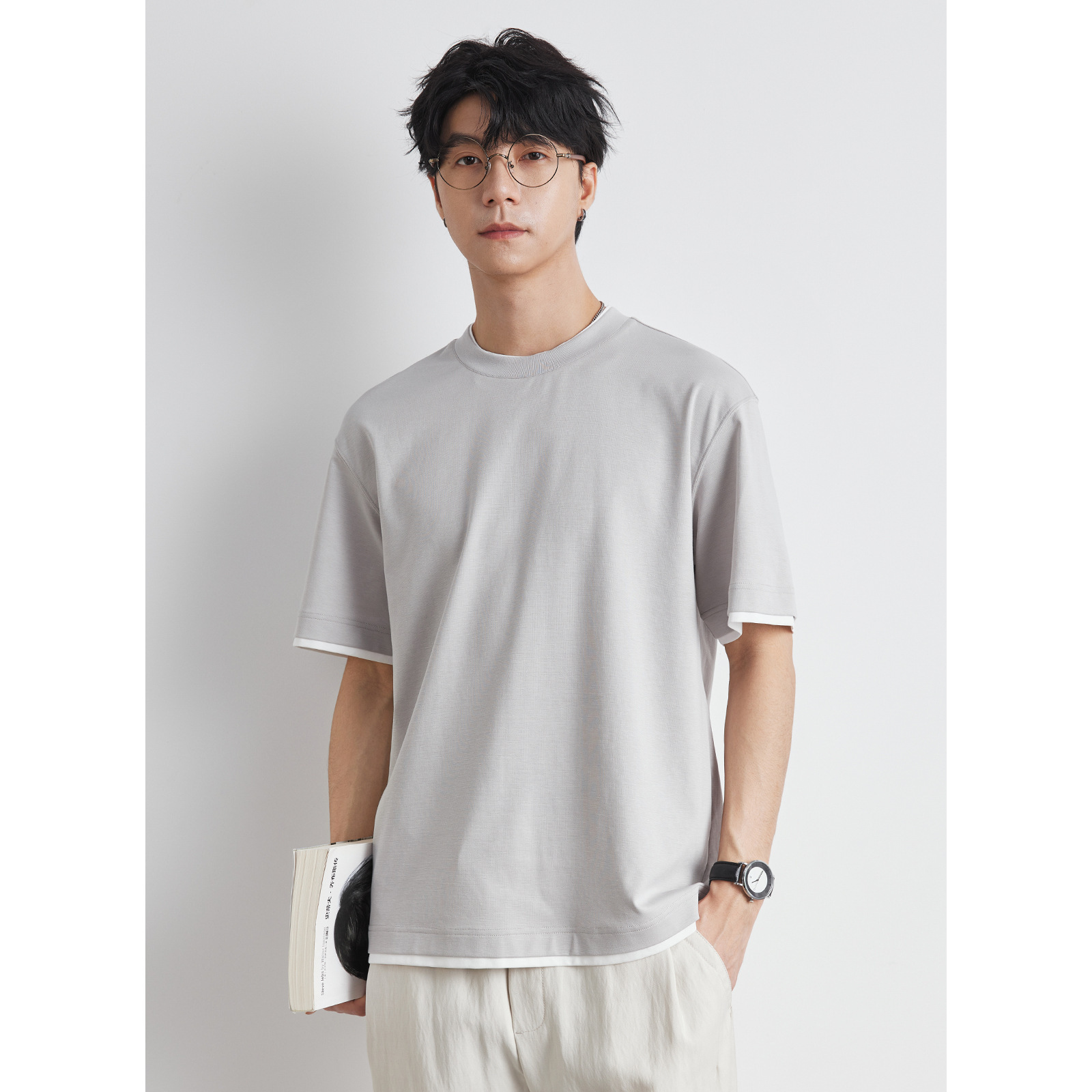 男士夏季韓系假兩件短袖T恤