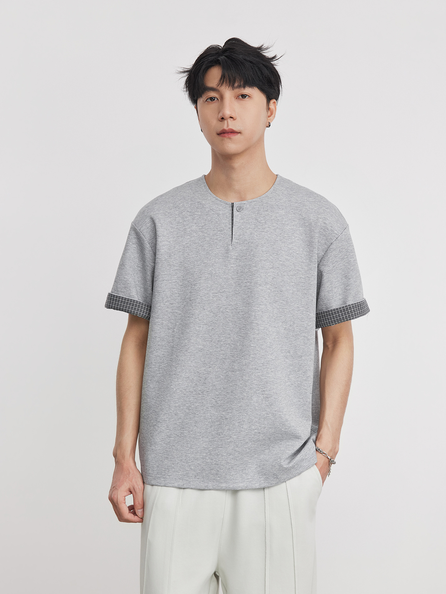 重磅260g格紋拼接小V領短袖T恤