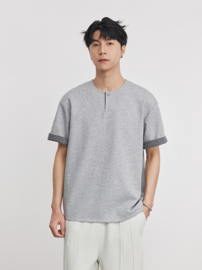 重磅260g格紋拼接小V領短袖T恤