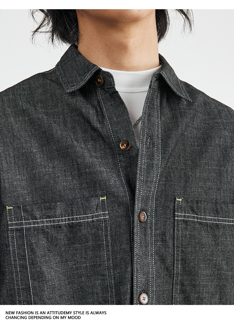 男士春秋美式復古工裝風牛仔長袖襯衫