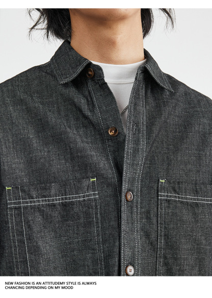 男士春秋美式復古工裝風牛仔長袖襯衫