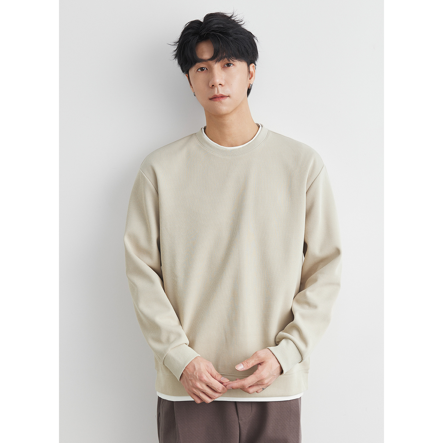 男士春秋310G重磅假兩件圓領衛衣