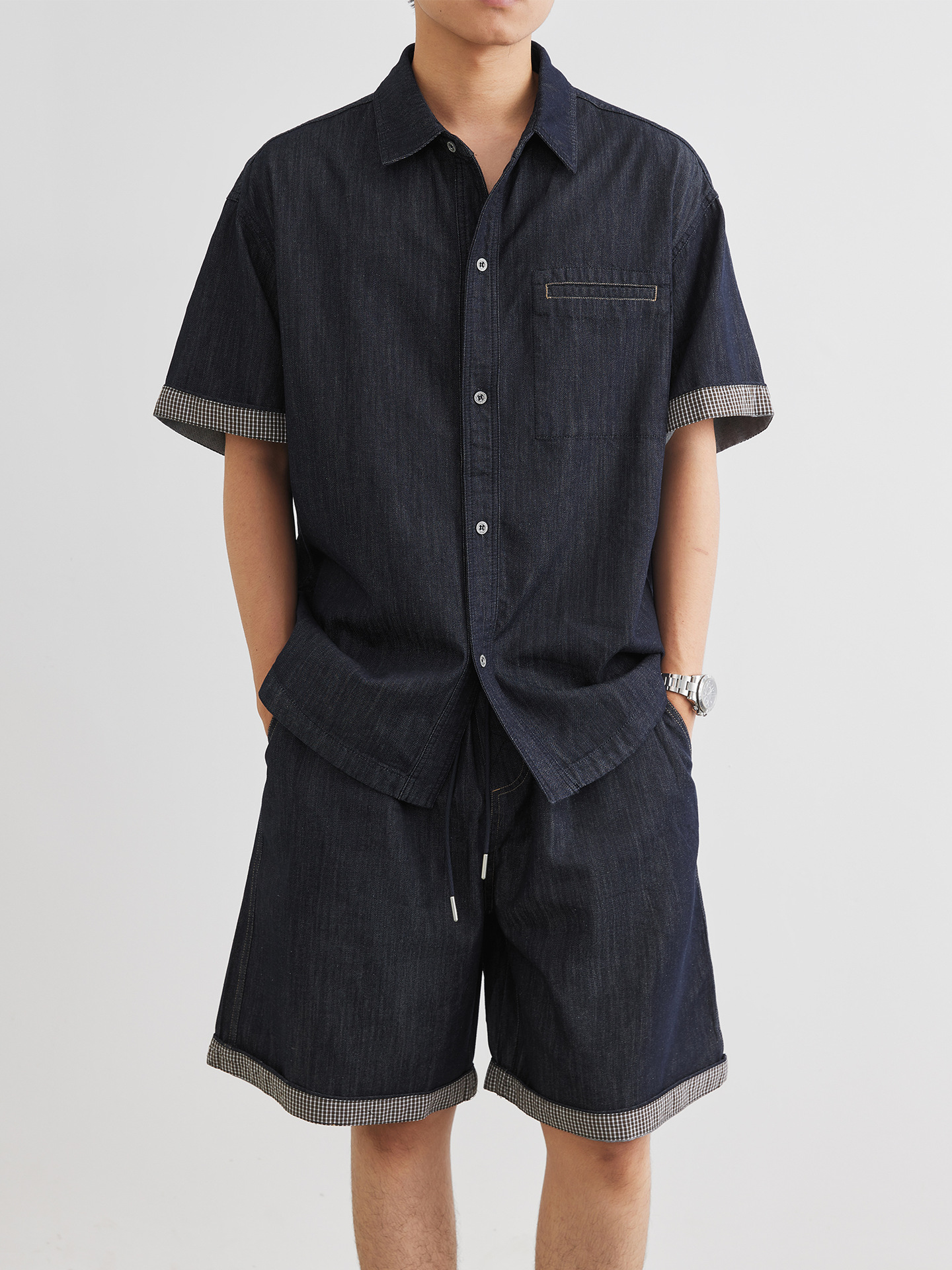 男夏牛仔短袖襯衫套裝