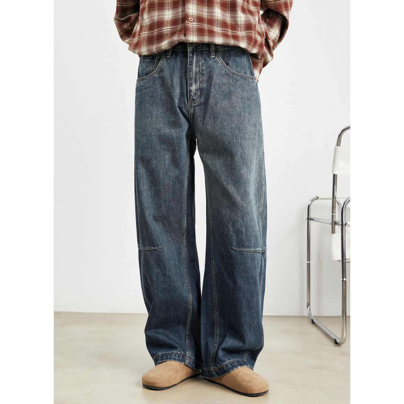 男士春秋美式復古寬鬆垂感闊腿牛仔褲