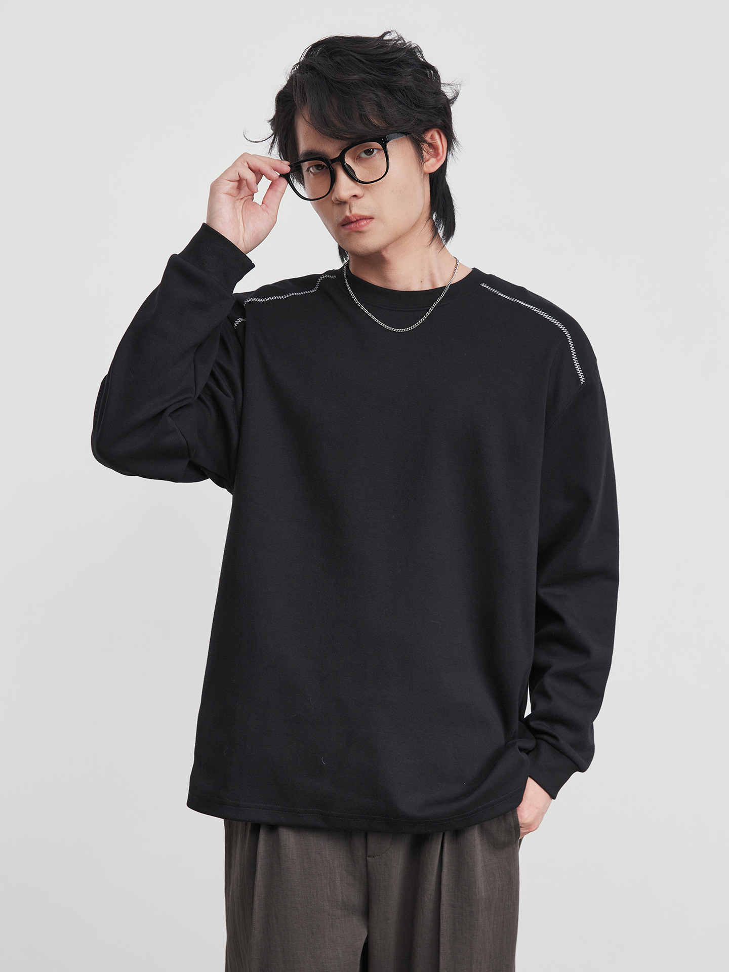 美式春季拉鏈設計感黑色長袖T恤
