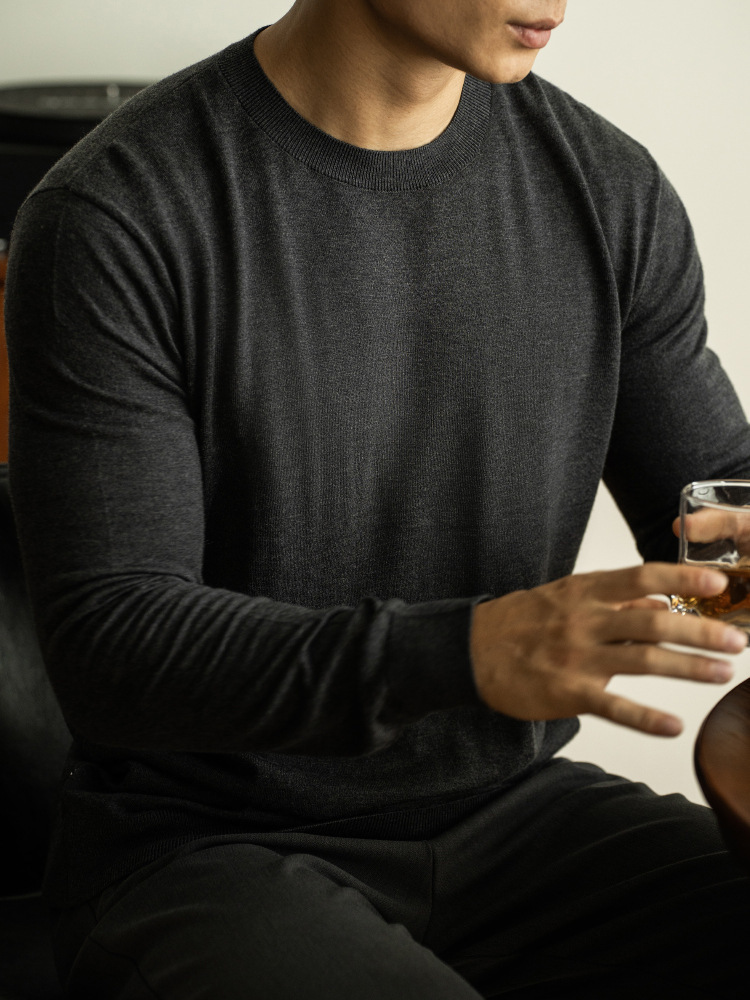 羊毛桑蠶絲16針純色春季長袖T恤