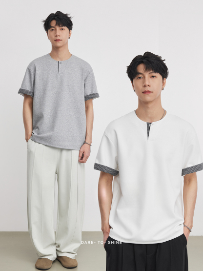 重磅260g格紋拼接小V領短袖T恤