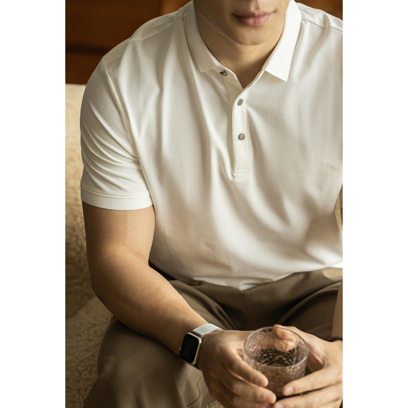 春夏純色雙珠地長絨棉商務翻領T恤