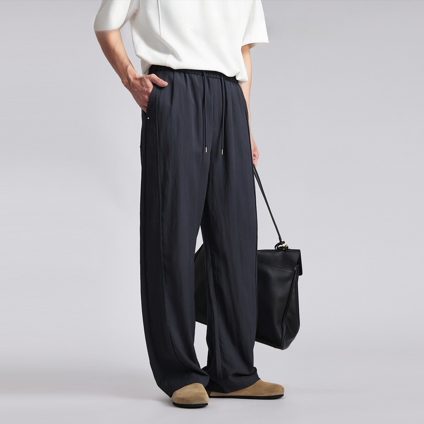 天絲亞麻純色直筒夏季測線分割闊腿褲