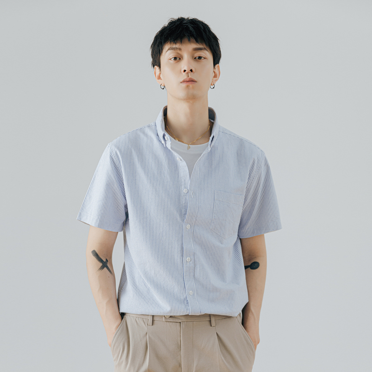 男夏商務休閒豎條紋襯衫