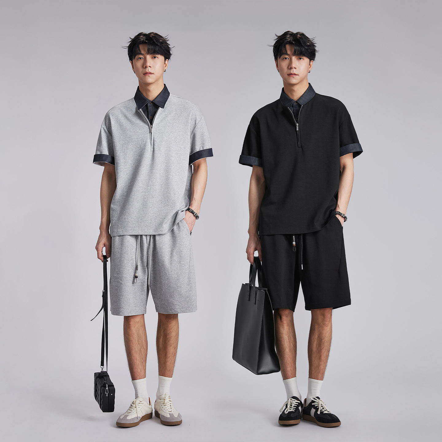 撞色翻領半拉鏈假兩件POLO衫套裝