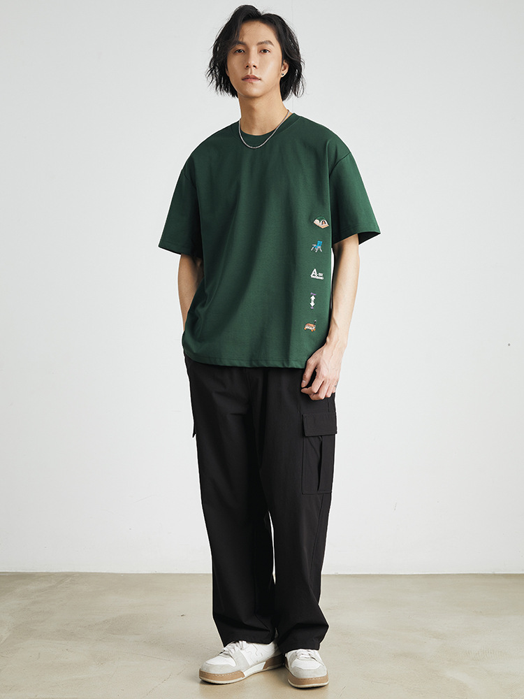 男夏美式刺繡圓領短袖T恤