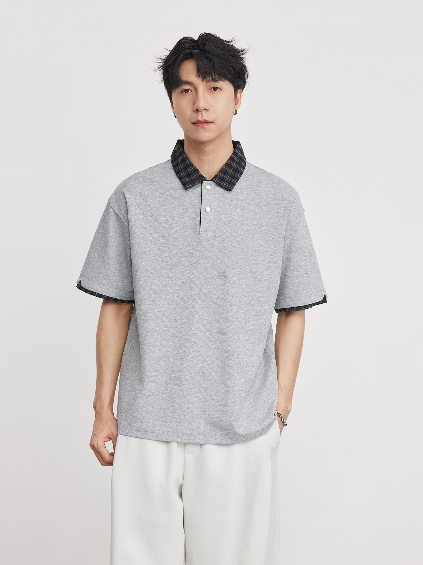 男夏撞色格子拼接POLO衫