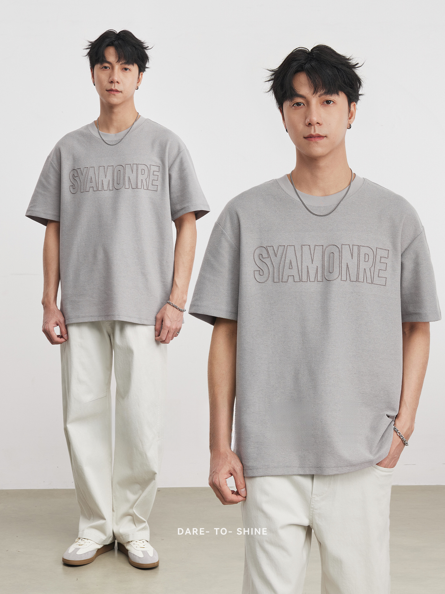 男夏季字母刺繡圓領T恤
