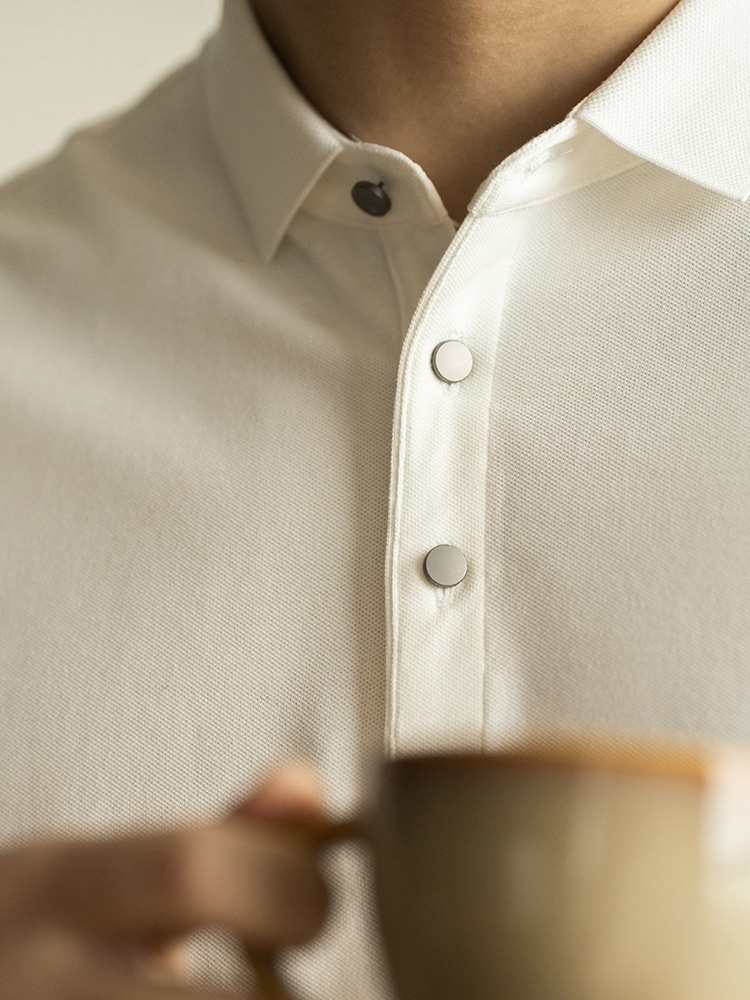 春夏純色雙珠地長絨棉商務翻領T恤