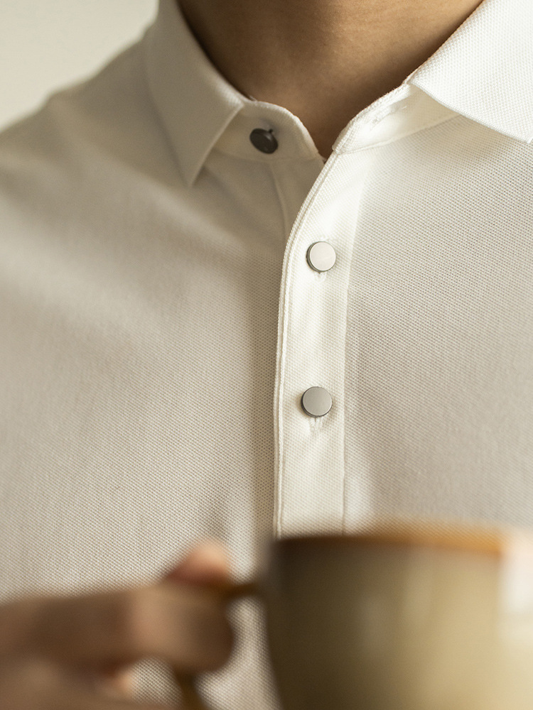 春夏純色雙珠地長絨棉商務翻領T恤