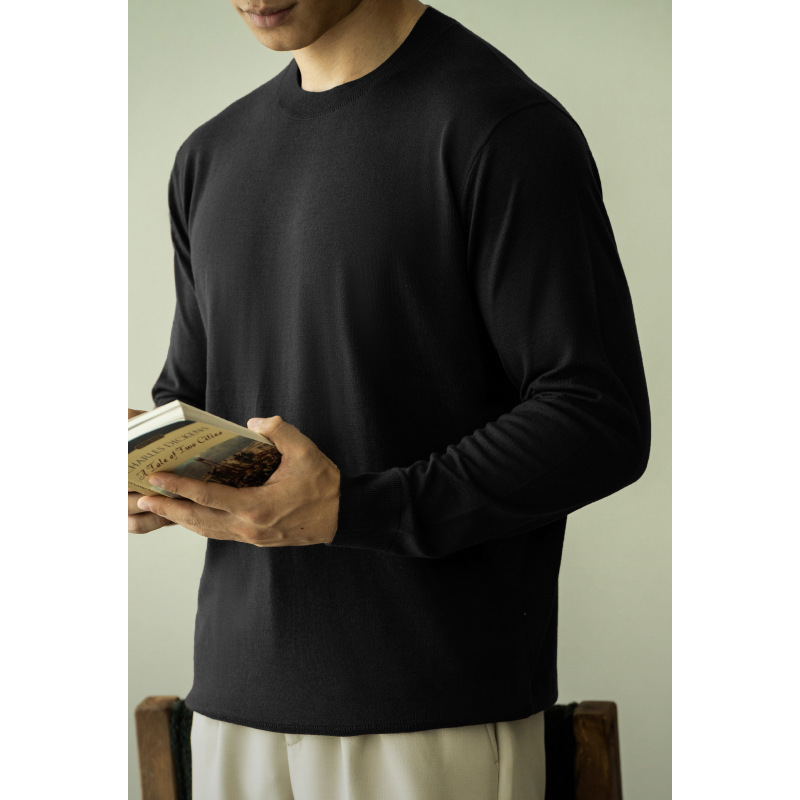 羊毛桑蠶絲16針純色春季長袖T恤