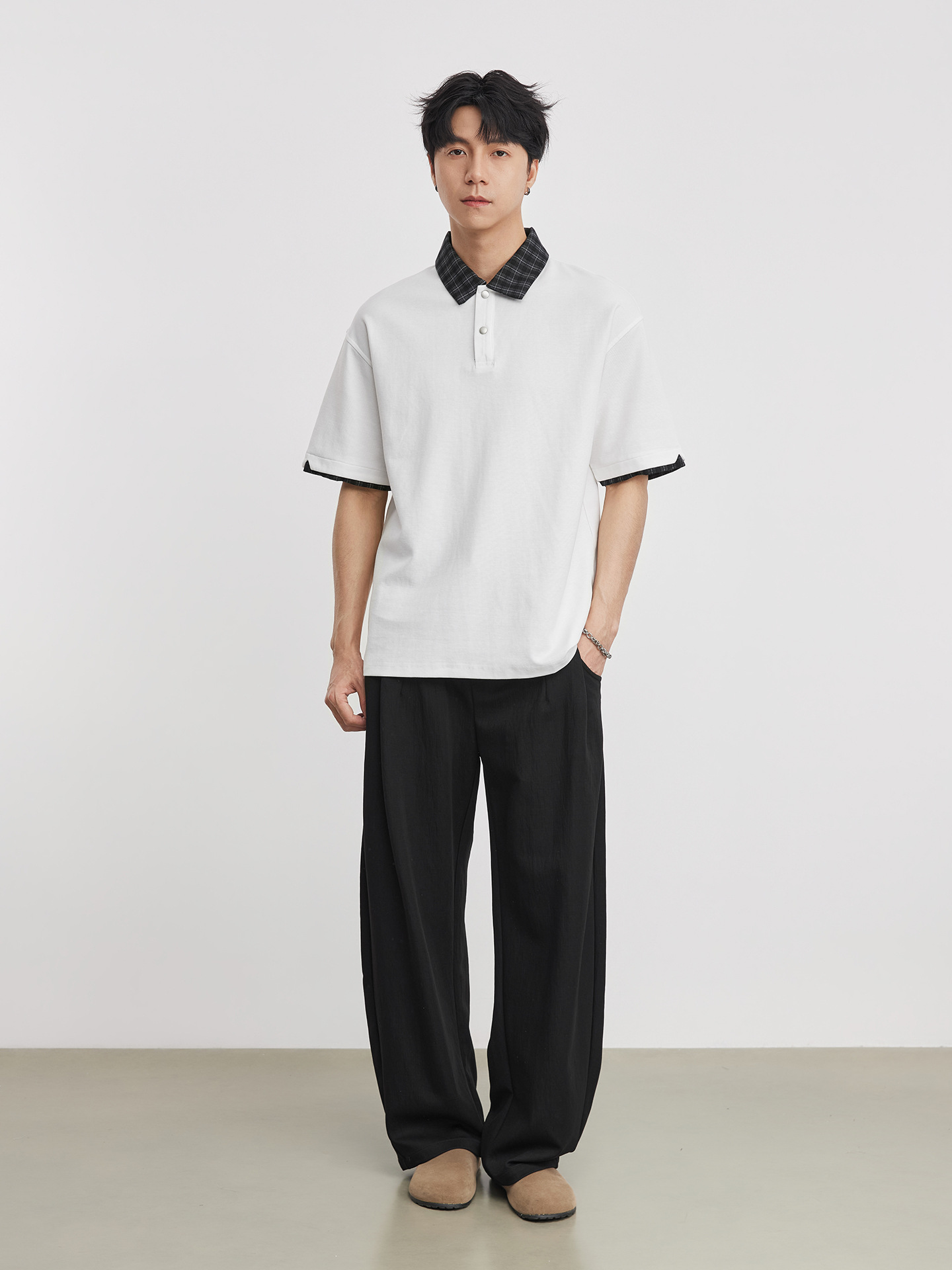 男夏撞色格子拼接POLO衫