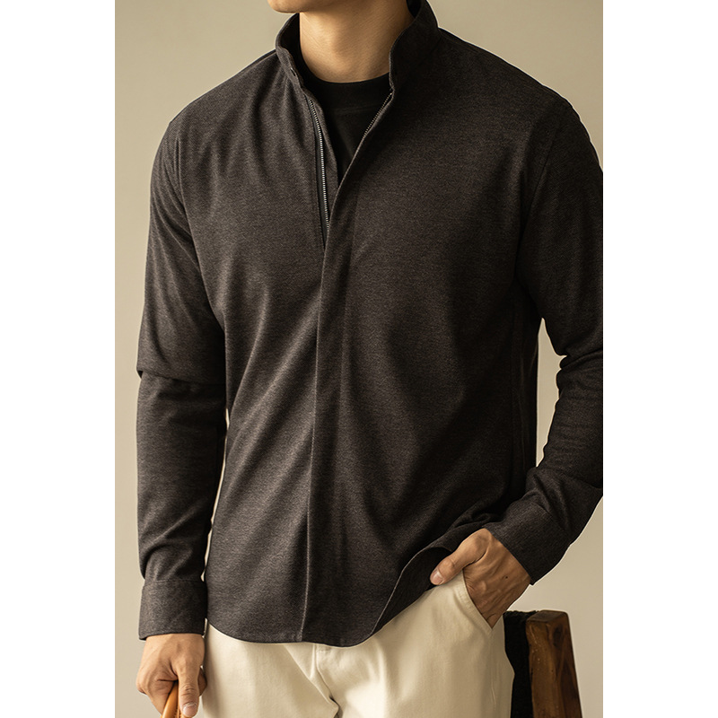 秋冬輕商務保暖毛呢拉鍊長袖襯衫