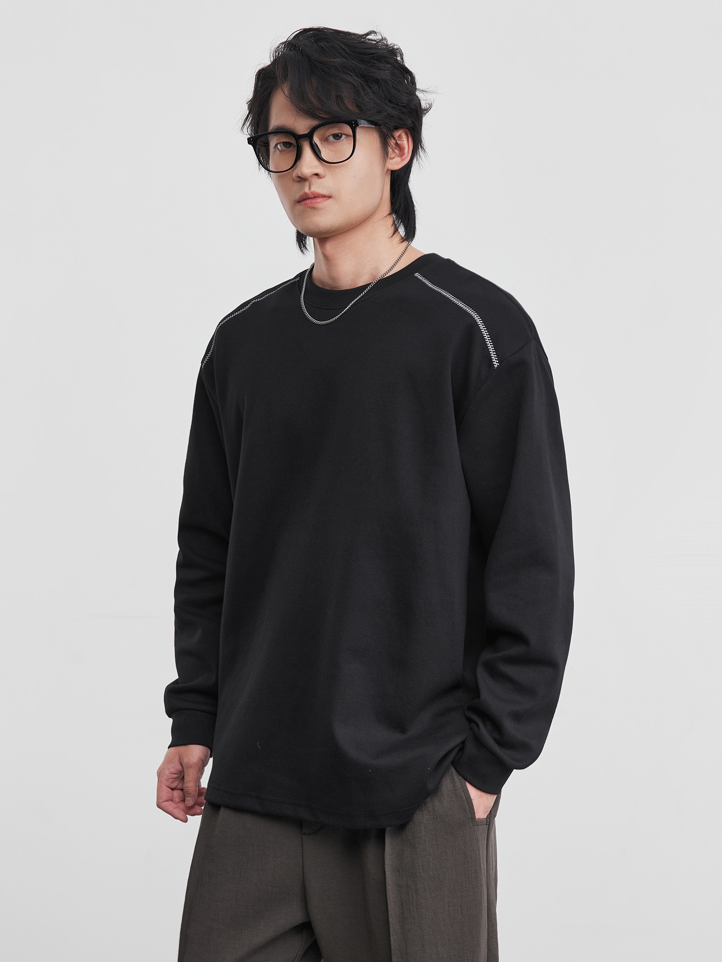 美式春季拉鏈設計感黑色長袖T恤