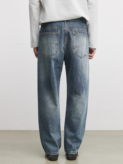 藍色直筒石墨水洗竹節紋長褲