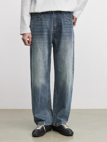 藍色直筒石墨水洗竹節紋長褲