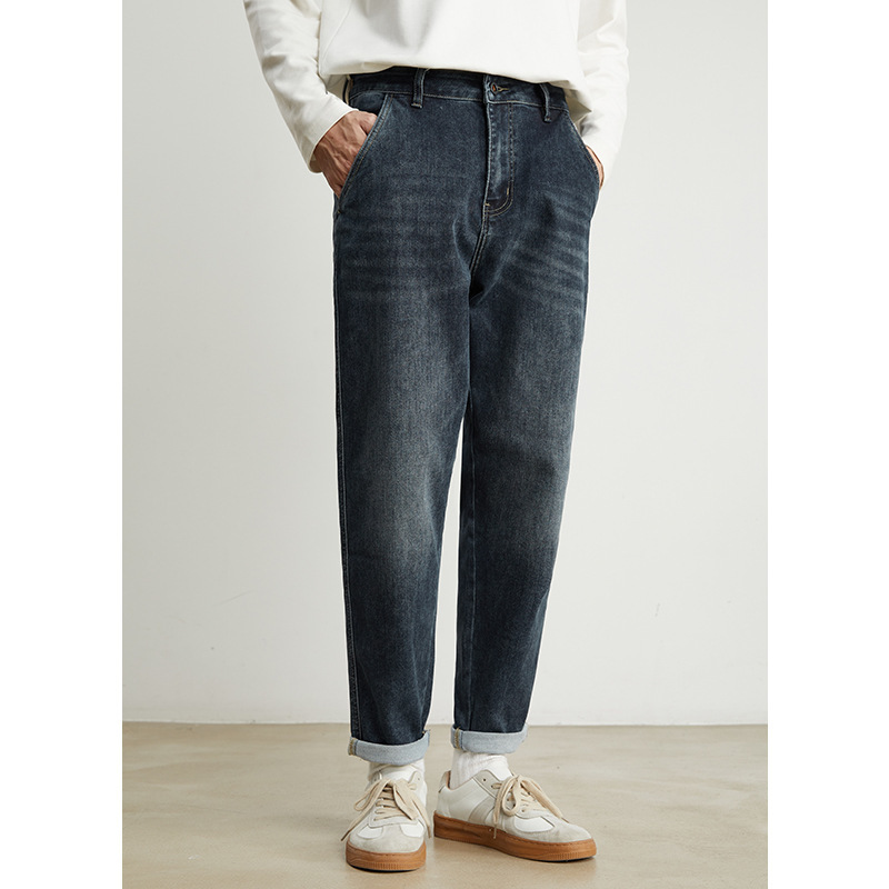 男士春秋水洗可加絨寬鬆牛仔褲