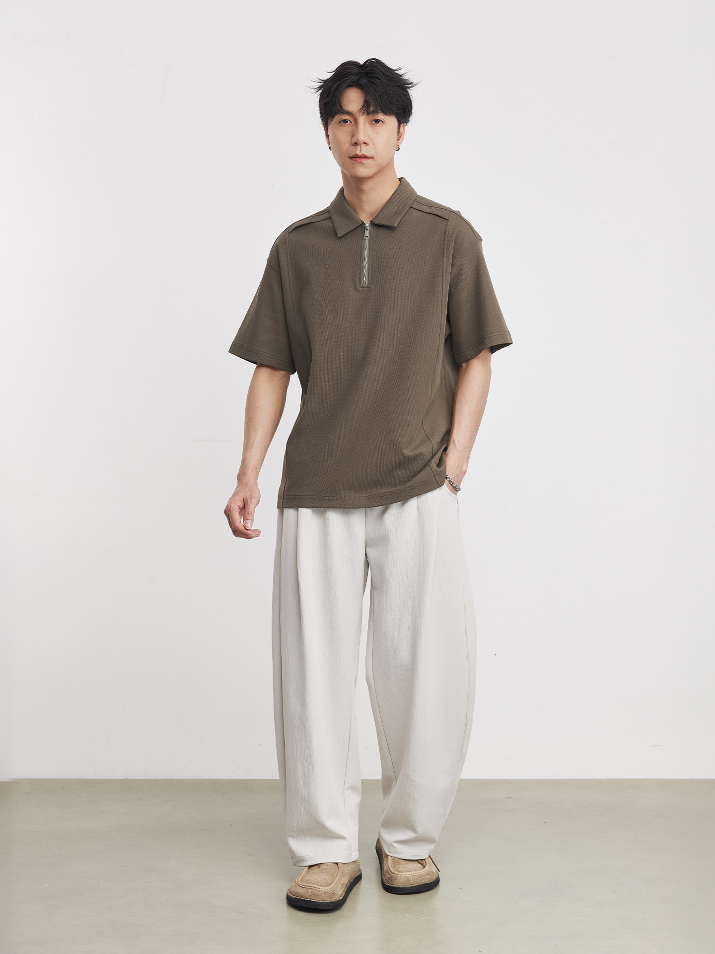 男夏棉混紡半拉鏈短袖T