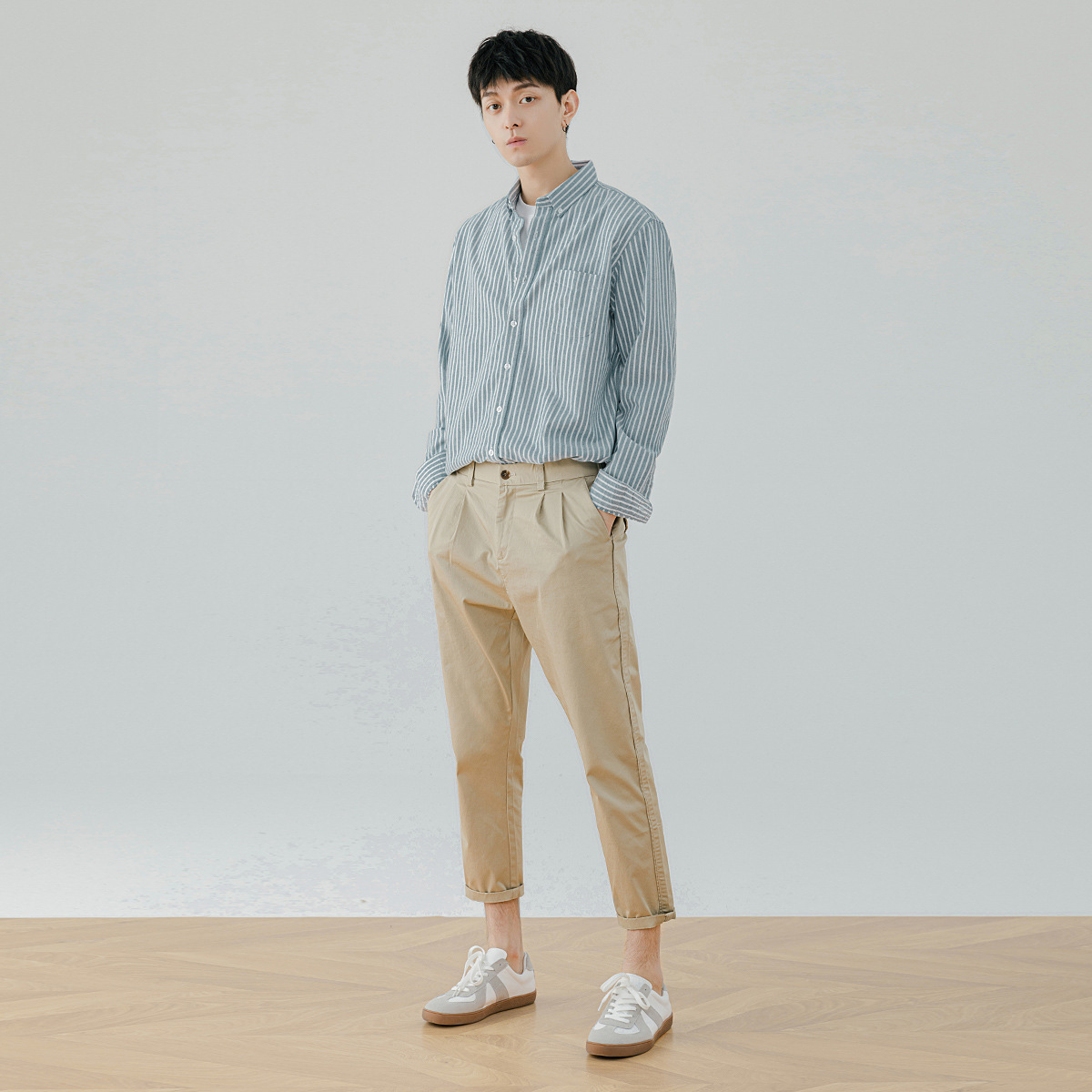 男春秋韓版豎條紋長袖襯衫