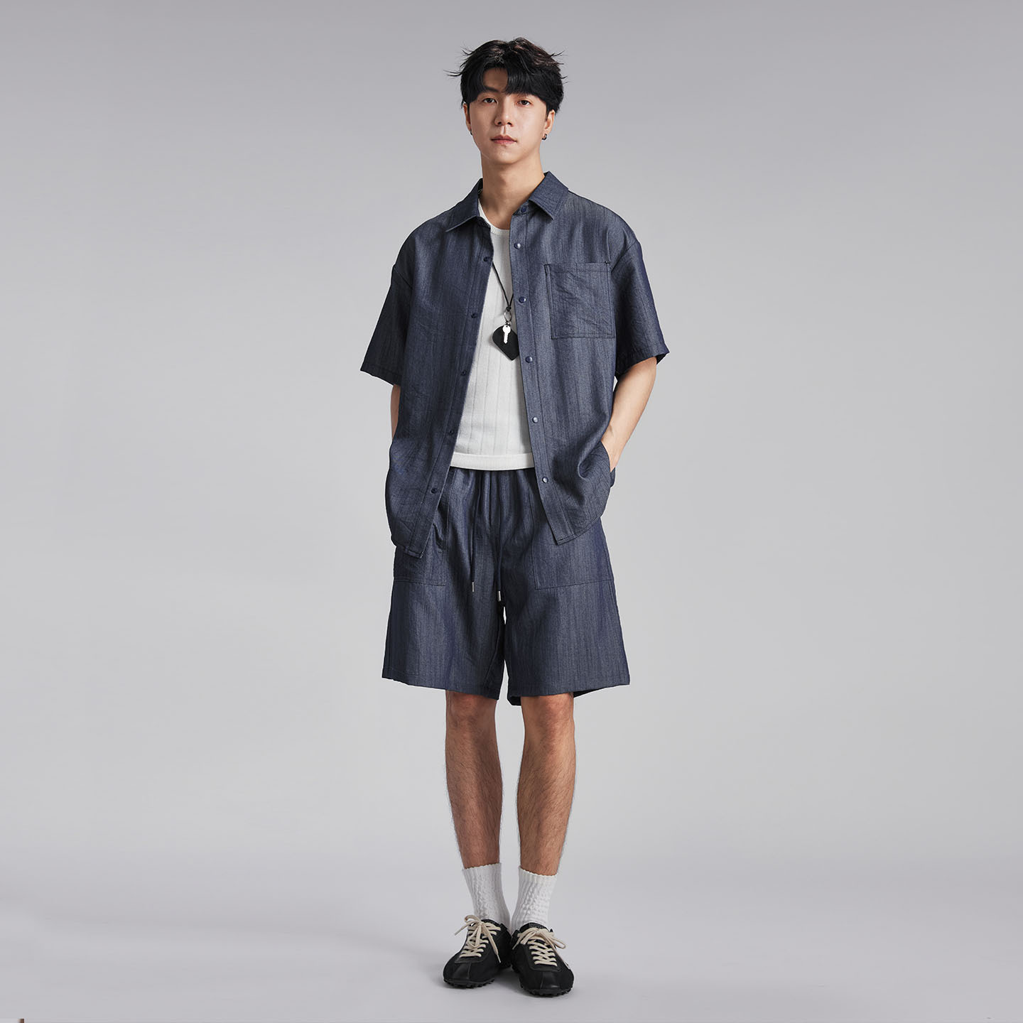 輕熟仿牛仔襯衫套裝