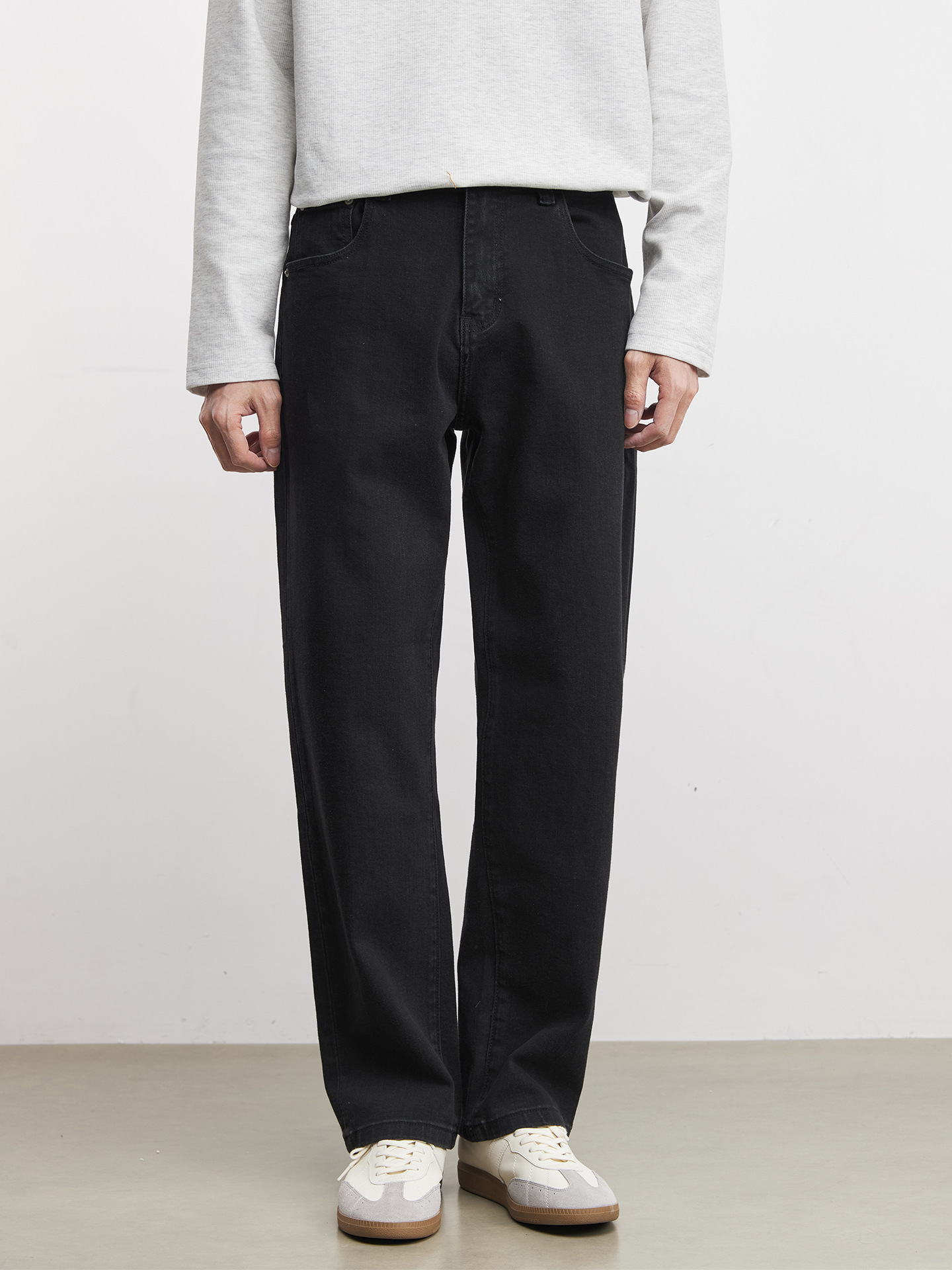 男士春秋彈力直筒黑色牛仔褲