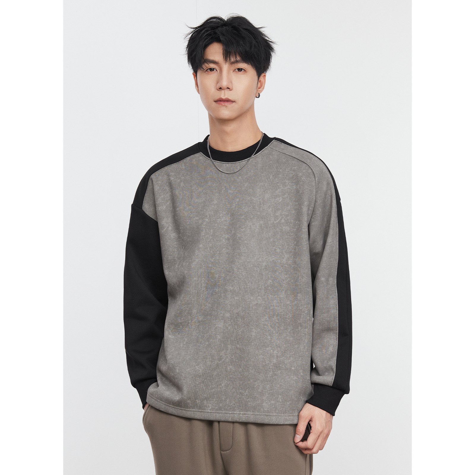 男士春秋高級感拼色休閒衛衣