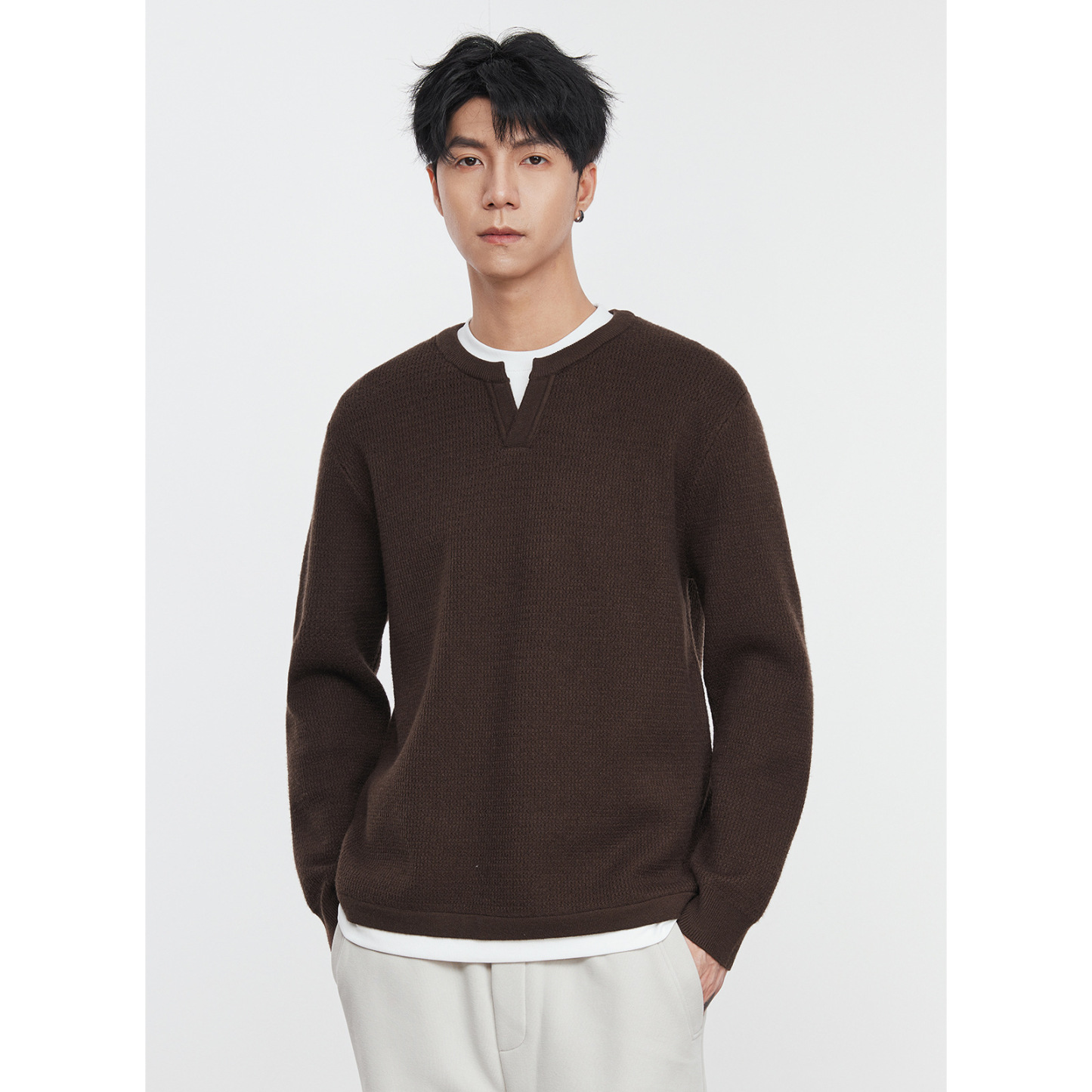 男士秋冬自發熱假兩件寬鬆針織毛衣