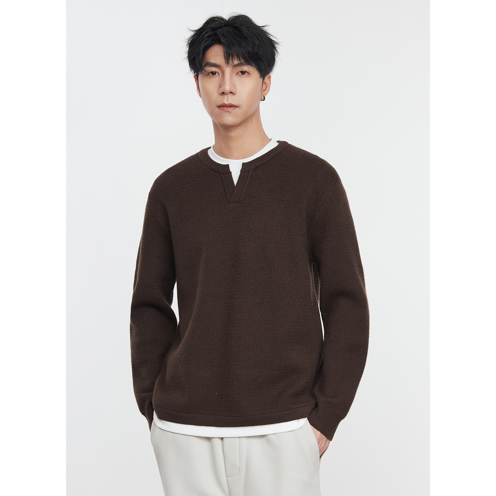 男士秋冬自發熱假兩件寬鬆針織毛衣