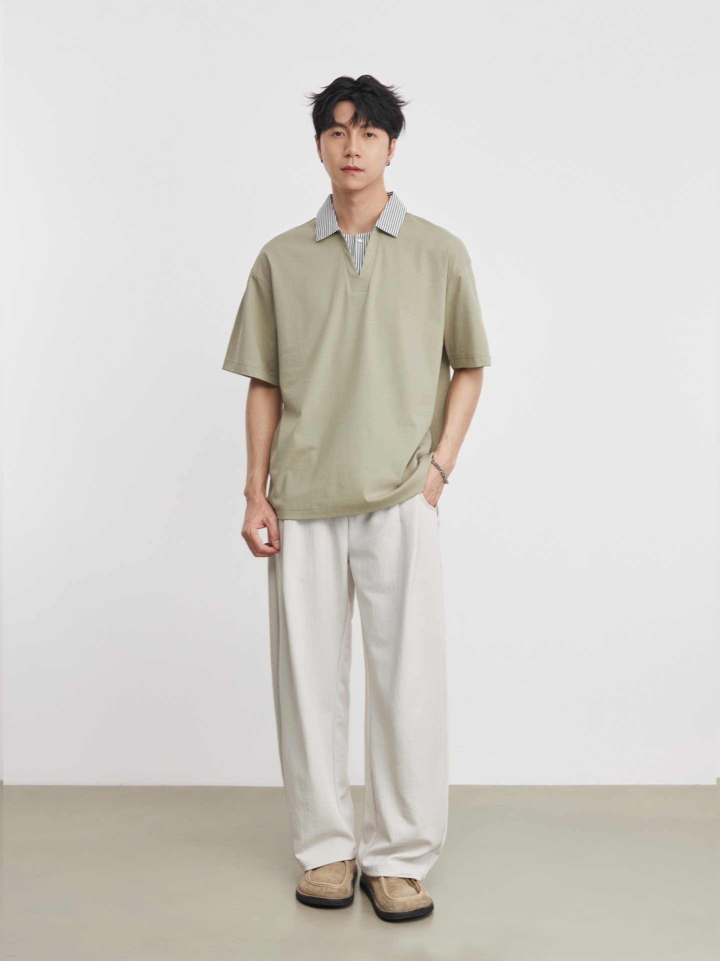 男夏220g條紋翻領拼接短袖T恤