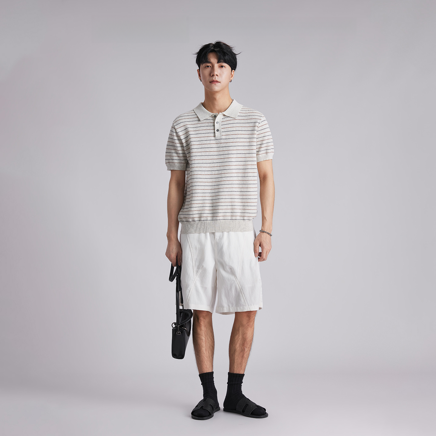 老錢風針織棉感條紋修身POLO衫