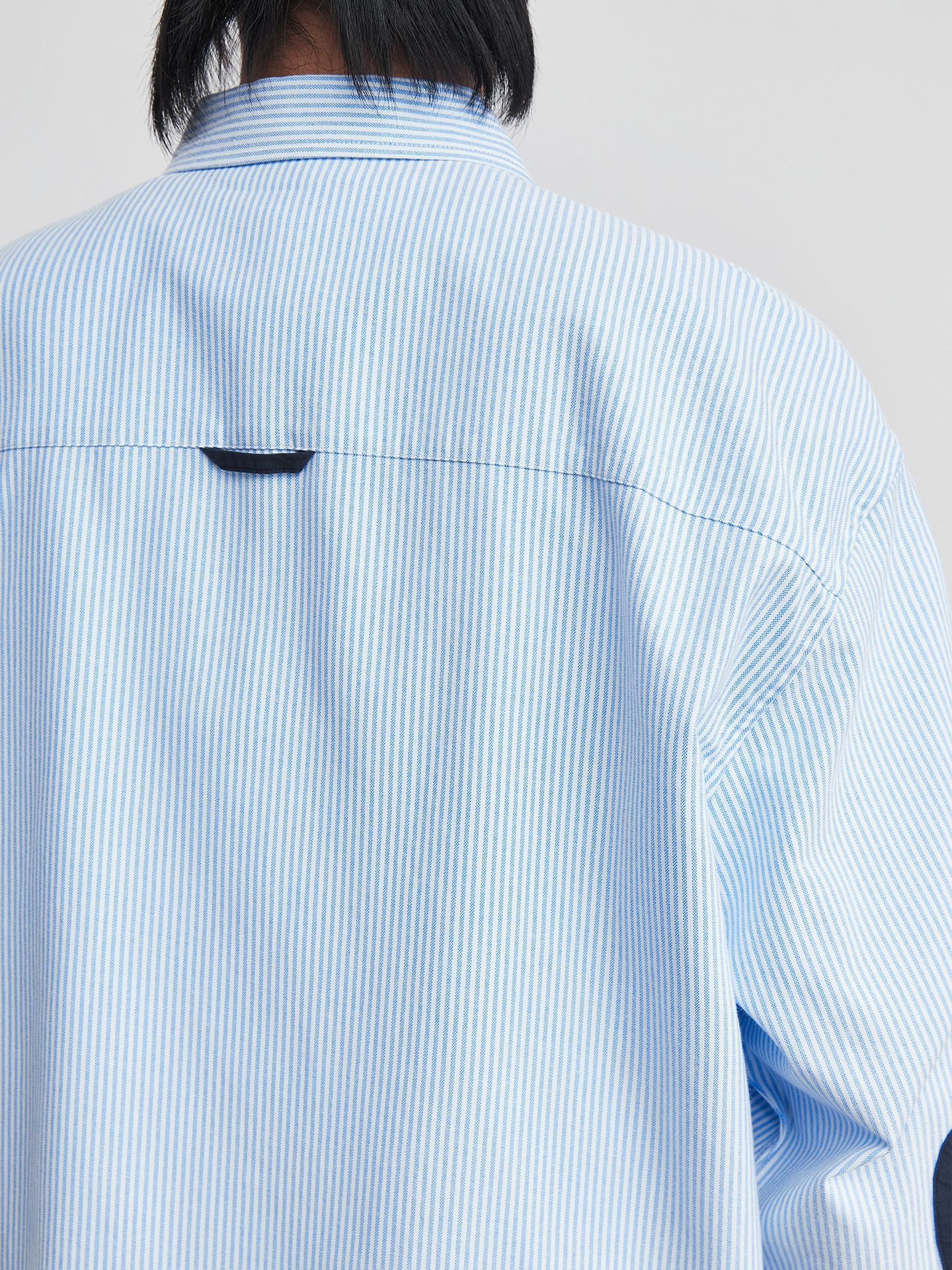 拼接撞色口袋牛津紡條紋長袖T恤