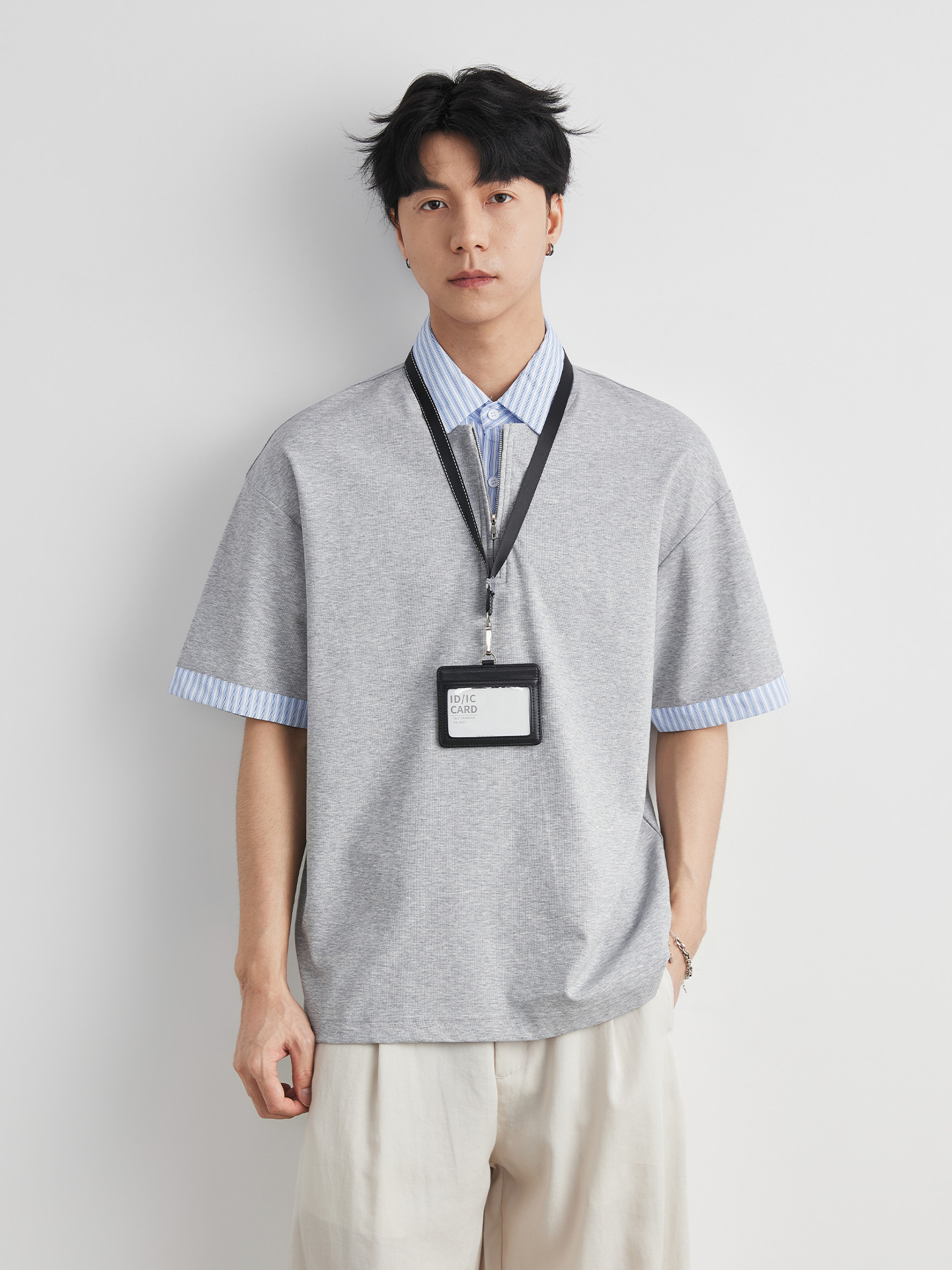 男夏半拉鏈條紋拼接POLO衫