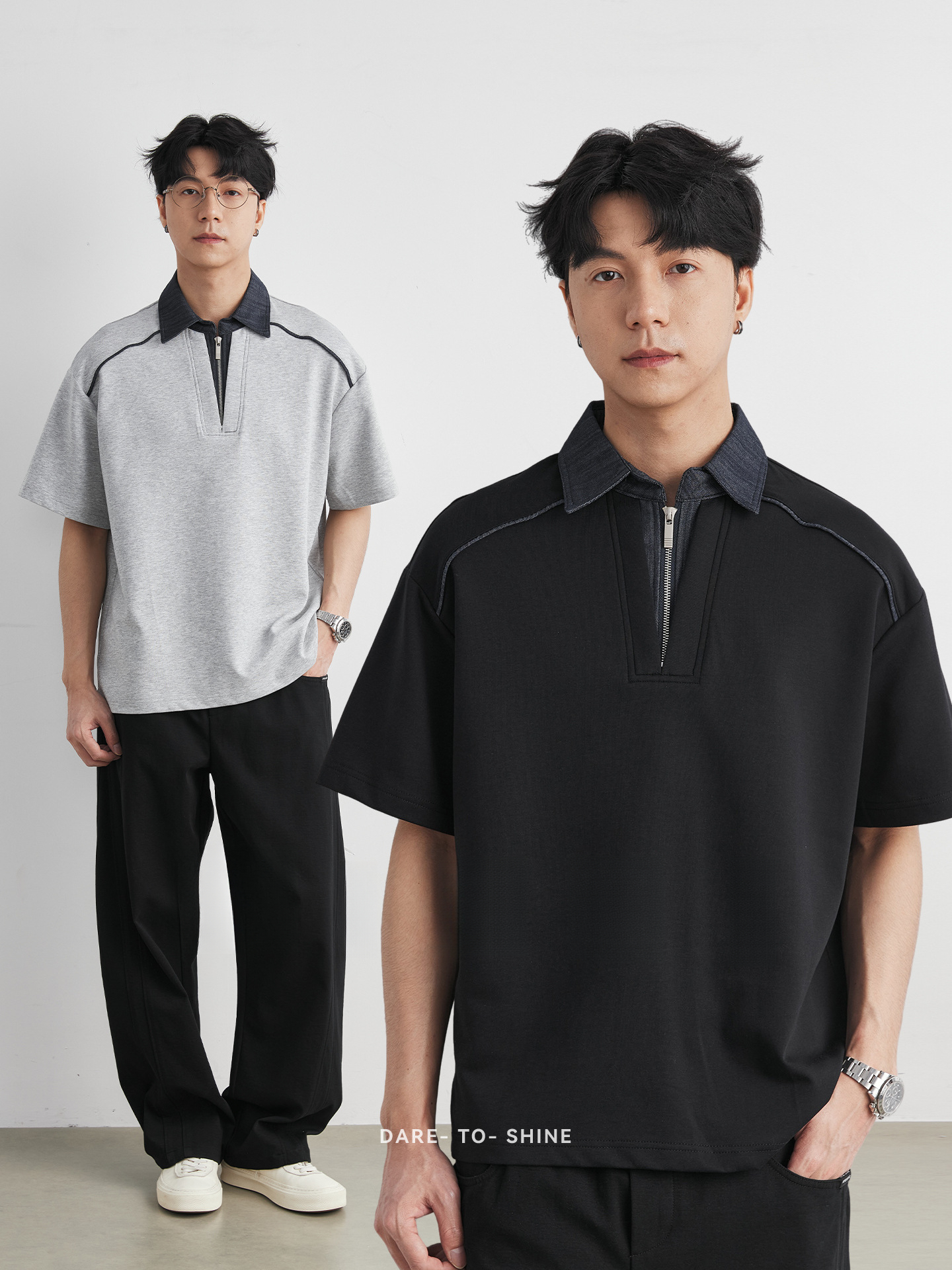 男夏撞色牛仔翻領假兩件POLO衫