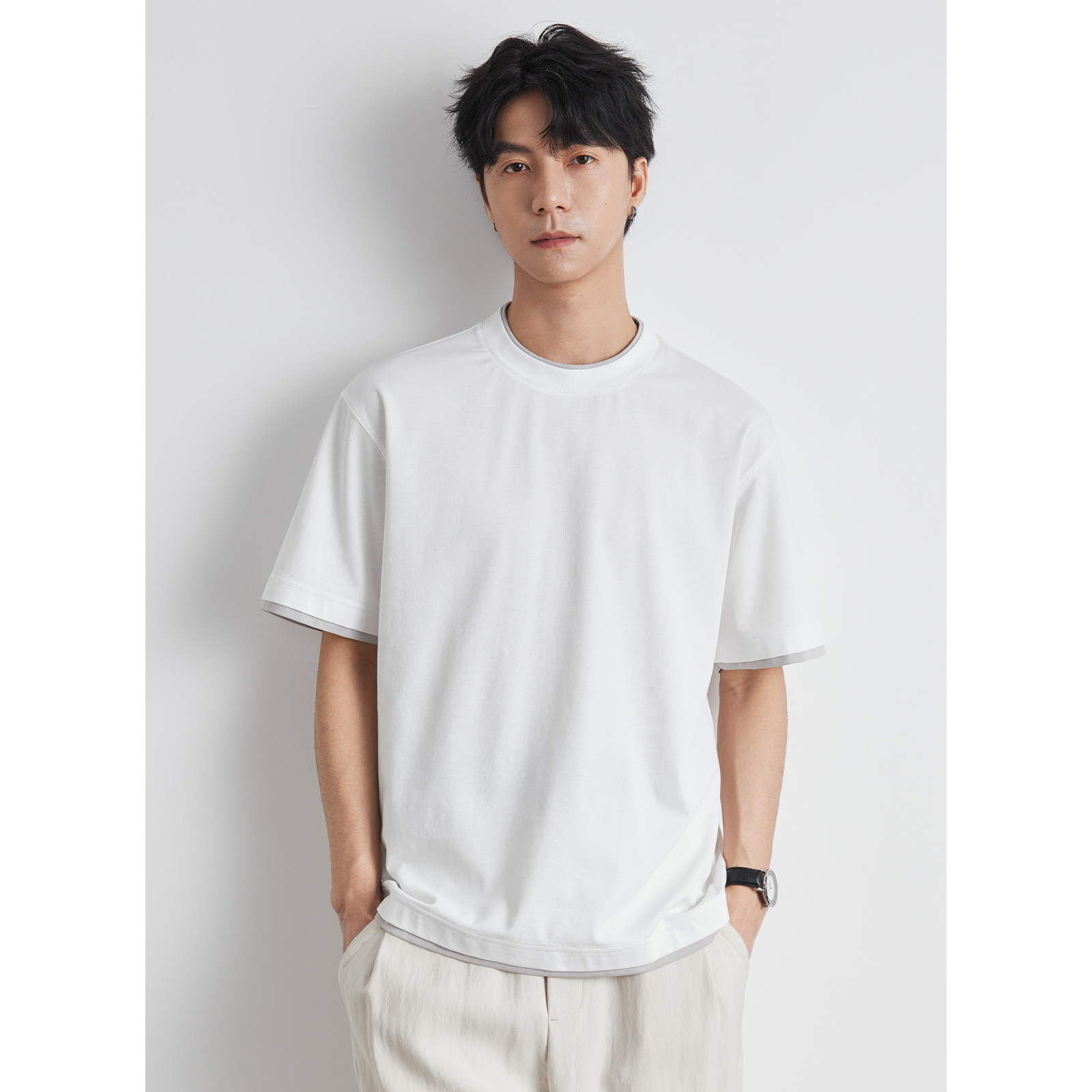 男士夏季韓系假兩件短袖T恤