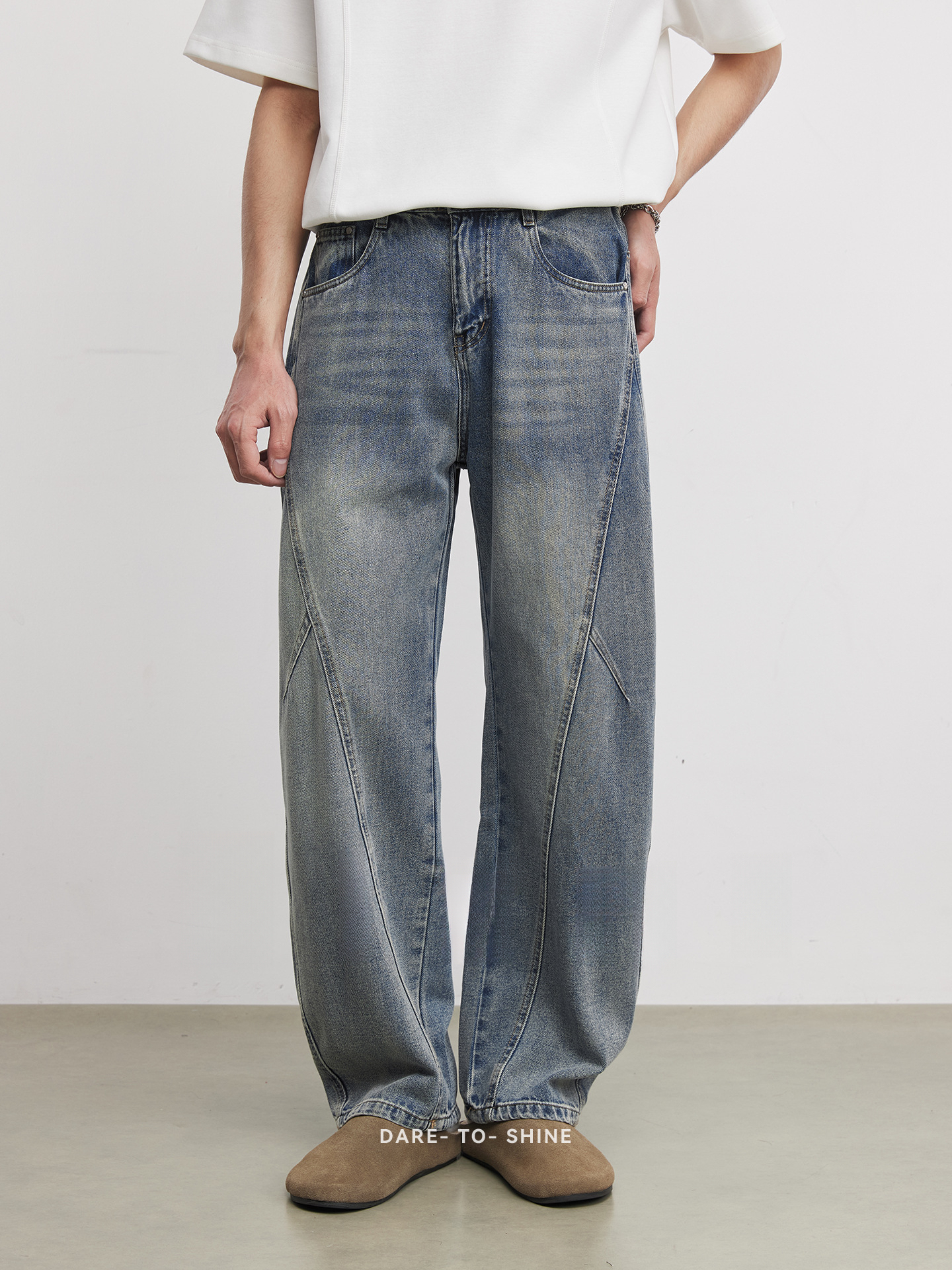 美式潮流復古水洗彎刀牛仔褲