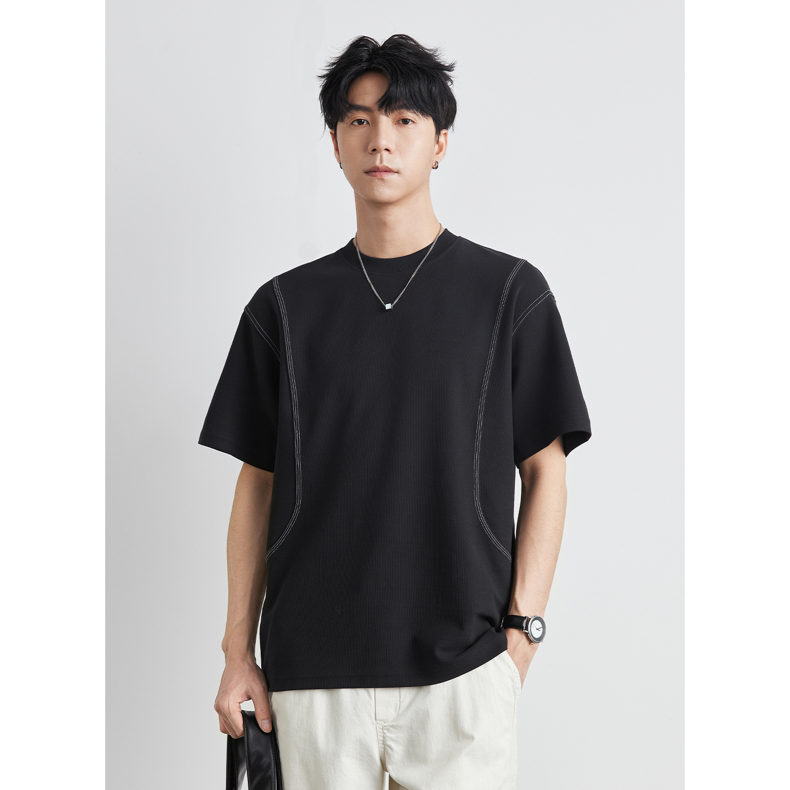 男士夏季美式明線刺繡短袖T恤