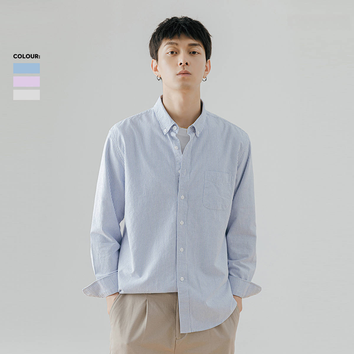 春秋季藍色細條紋長袖襯衫