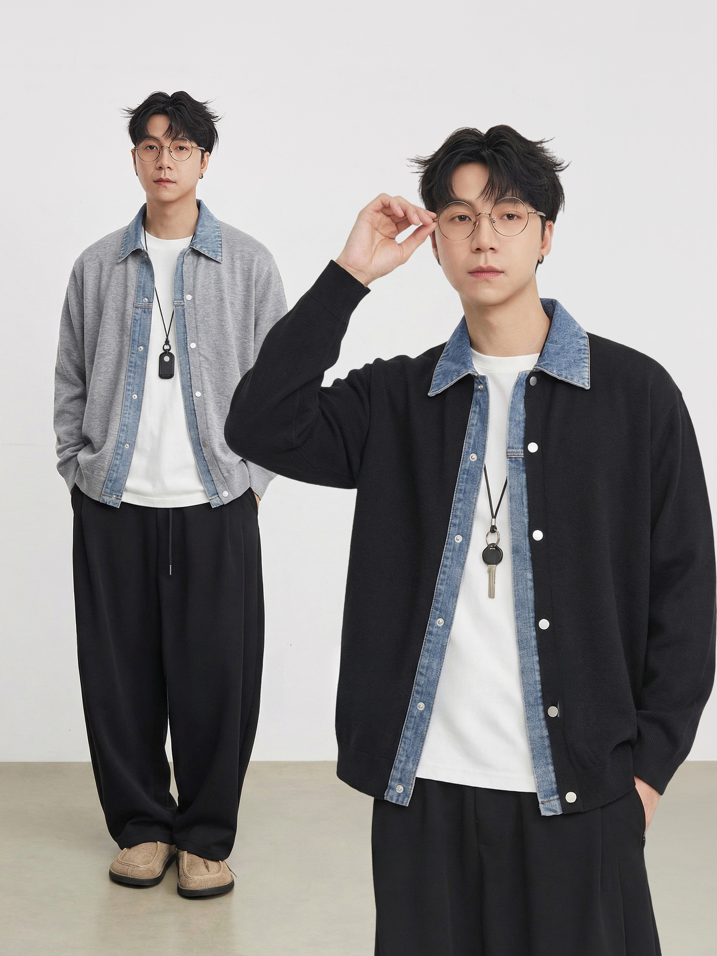 男春秋韓系牛仔拼接翻領針織開衫